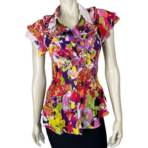 NWT Cathaya's Slimming S/S Blouse w/Colorful Floral Ruffles & Pleated Bodice SzM - Picture 10 of 15